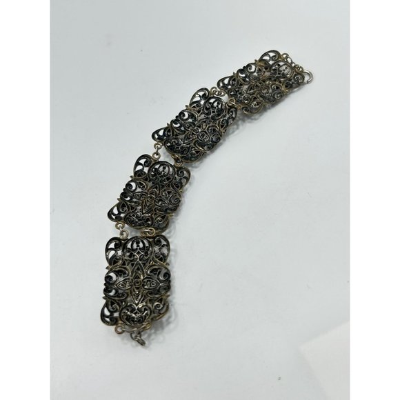 Vintage Filigree Bracelet Pink Glass Cabochons Panel Bracelet Brass Tone Metal - Picture 5 of 8